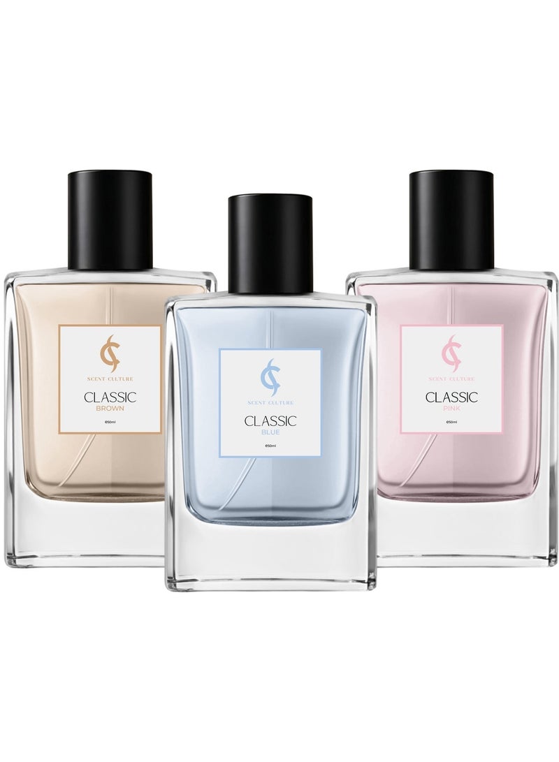 Scent Culture 3-in-1 Classic Series EDP Perfume Gift Set for Men & Women (Pink, Blue, Brown) 3x50ml - Image 1